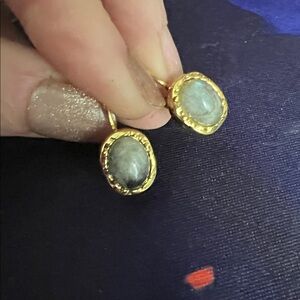 Gold Oval Blue Flash Labradorite Drop Earrings Lever Back Jewelry